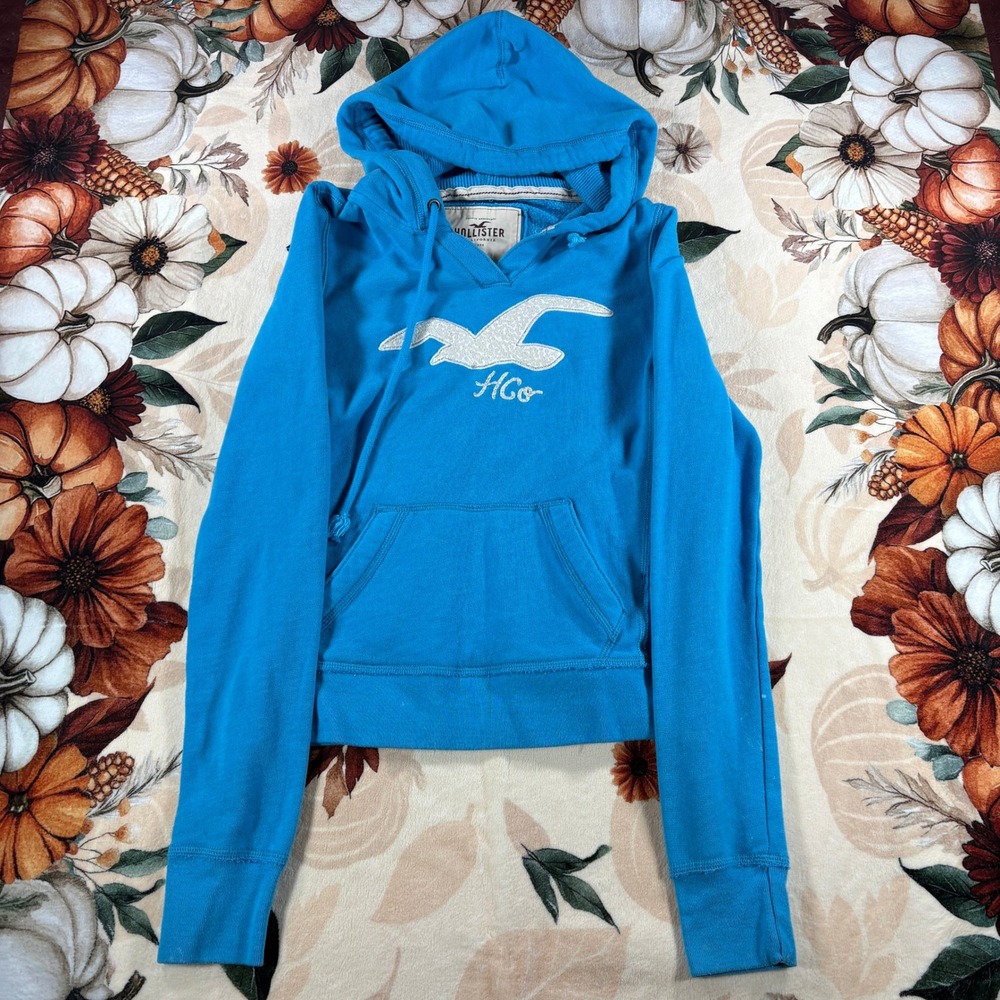 Vintage Y2K Hollister Womens Blue Pullover Hoodie Embroidered Seagull Logo Small